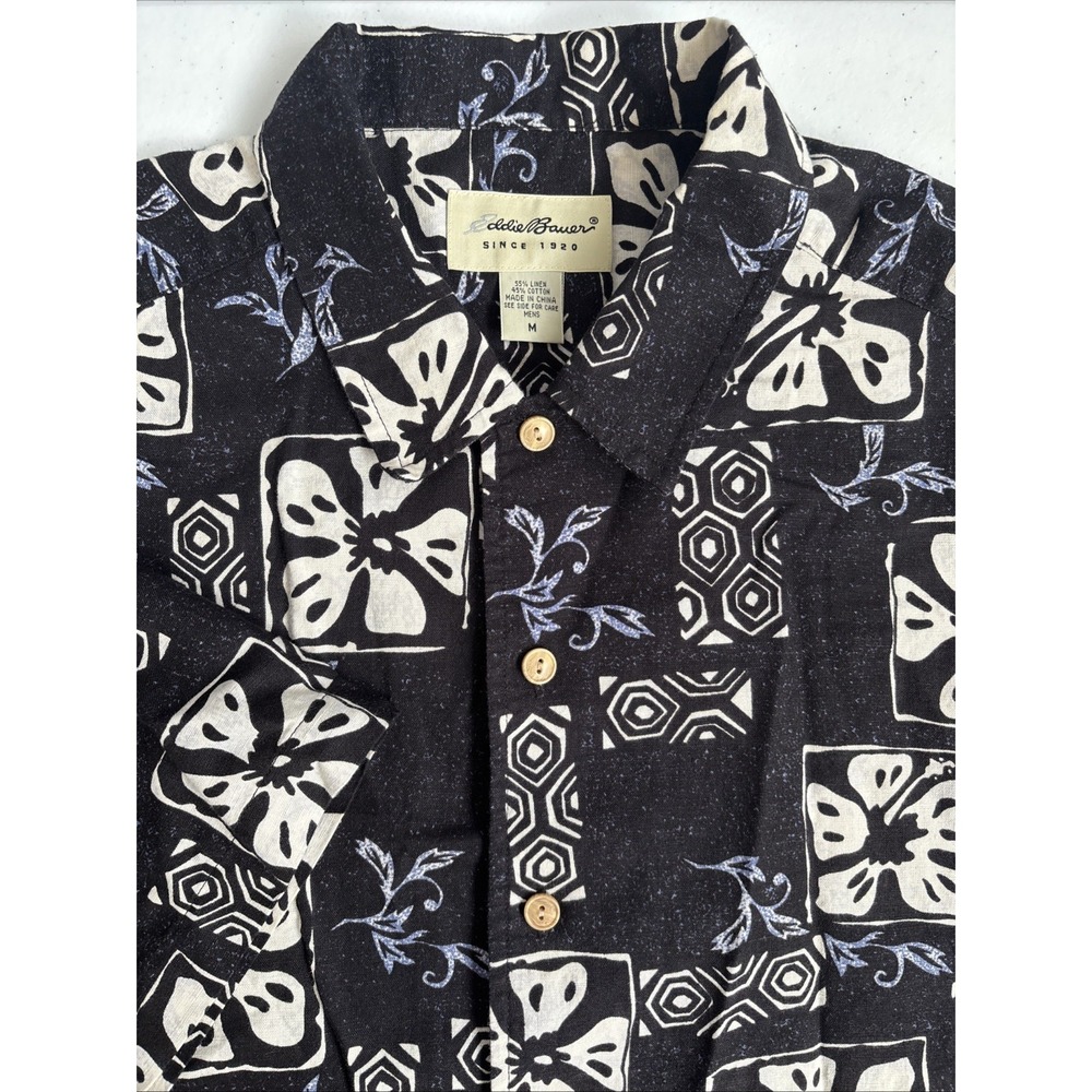 Eddie Bauer Men's M Black White Retro Linen Blend Tropical Hawaiian Short Sleeve